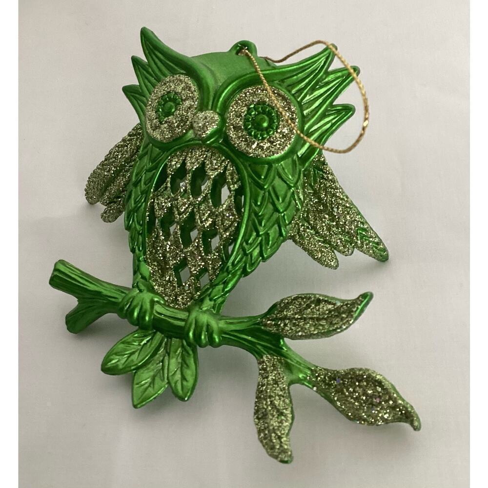 Sparkly own on branch christmas ornament green